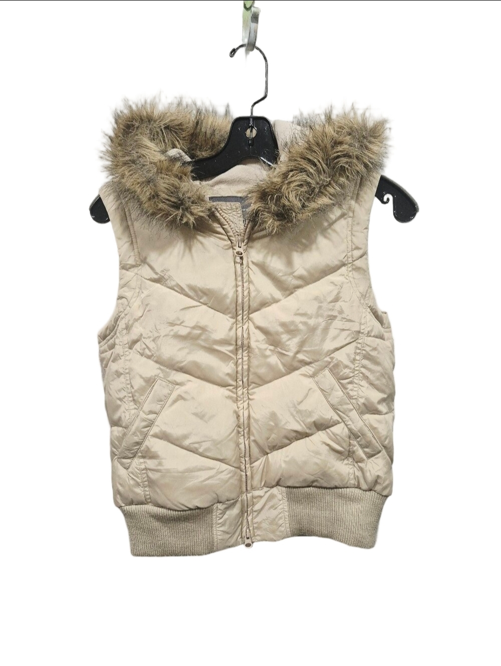 Vintage Jacob Connexion Down Feather Puffer Vest Faux Fur Hood Y2K Cream S